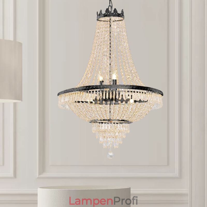 Klassischer Kristall-Kronleuchter, schwarz, Empire-Stil, Pendelleuchte, 9 Lichter