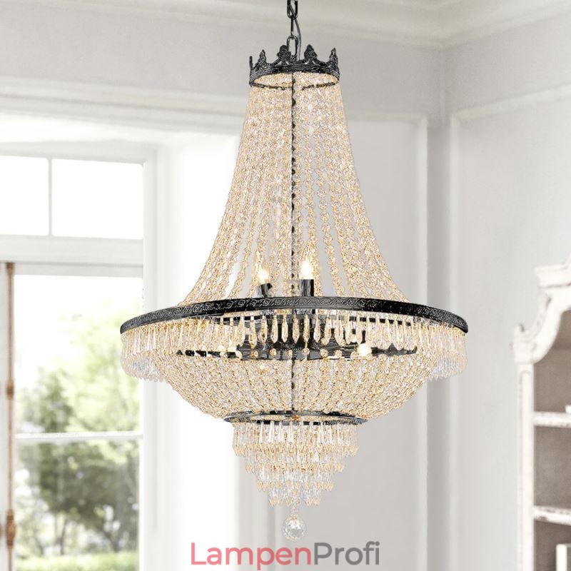 Klassischer Kristall-Kronleuchter, schwarz, Empire-Stil, Pendelleuchte, 9 Lichter