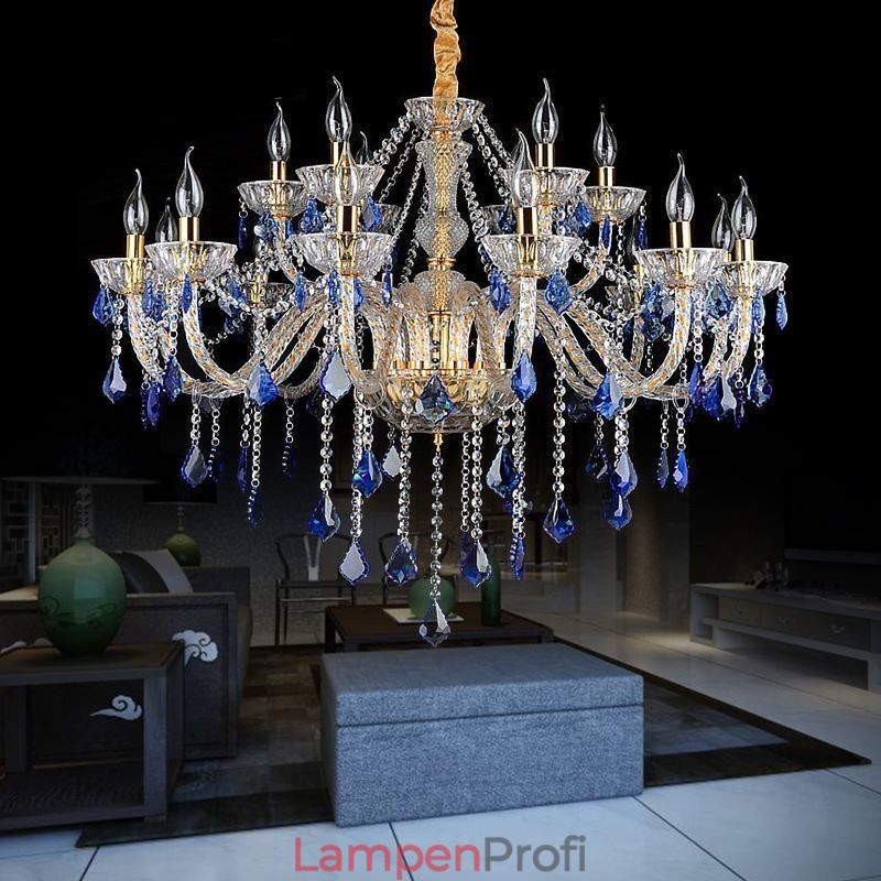 Europäischer Kristall-Kronleuchter Luxus Pendelleuchte Blau Anhänger