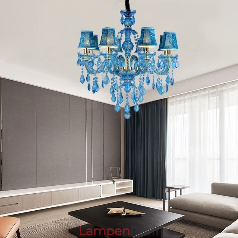 Großer blauer Kristall-Kronleuchter, europäische Pendelleuchte