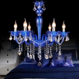 Kristall-Kronleuchter im europäischen Stil, blaue Pendelleuchte aus Kristallglas