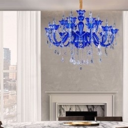 Kristall-Kronleuchter im europäischen Stil, blaue Pendelleuchte aus Kristallglas