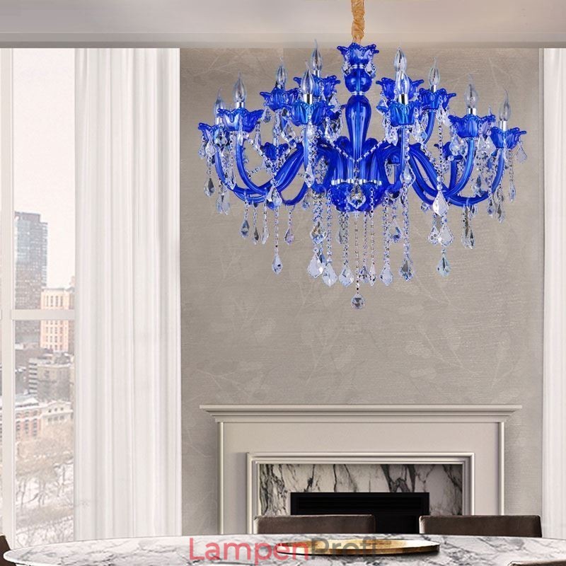 Kristall-Kronleuchter im europäischen Stil, blaue Pendelleuchte aus Kristallglas