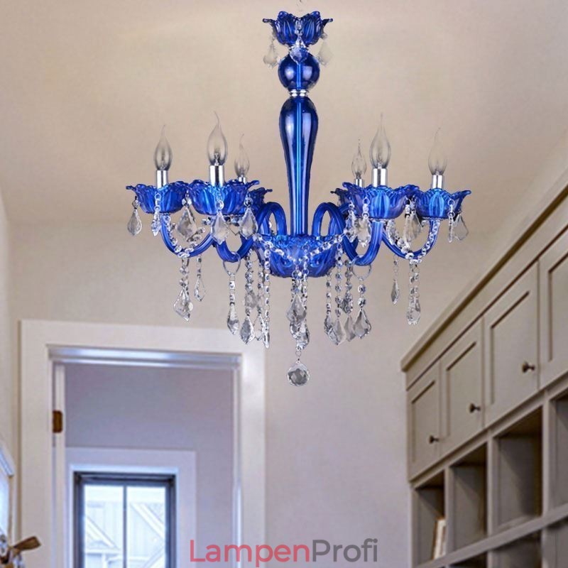 Kristall-Kronleuchter im europäischen Stil, blaue Pendelleuchte aus Kristallglas