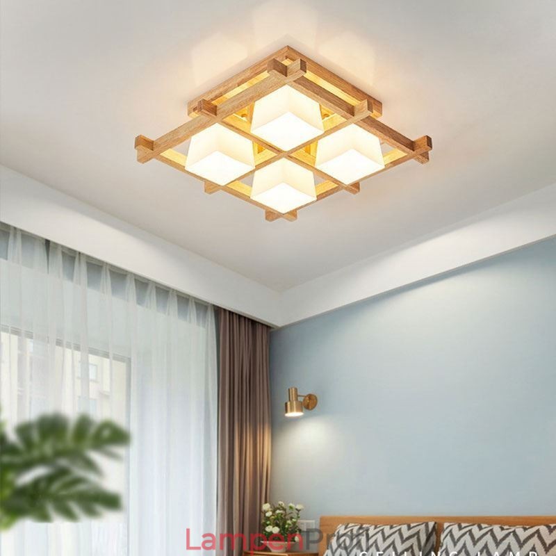 Nordische quadratische Gitter-Deckenleuchte aus Gummiholz