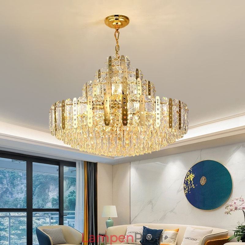 Kristall-Pendelleuchte 4. Etage Luxus-Dekrative Deckenleuchte mit goldenem Hohleisenblech