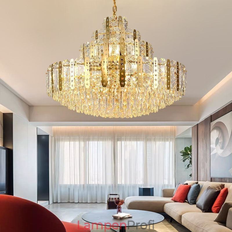 Kristall-Pendelleuchte 4. Etage Luxus-Dekrative Deckenleuchte mit goldenem Hohleisenblech