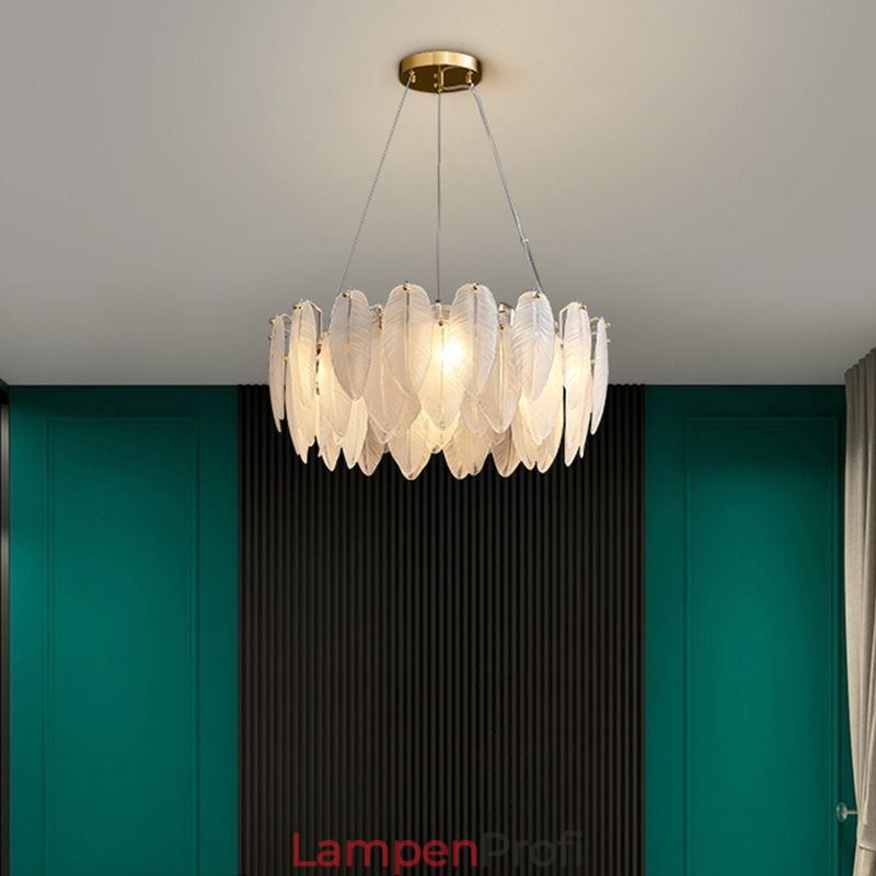 Künstlerischer Glas-Kronleuchter, runde Pendelleuchte mit Federn