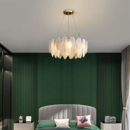 Künstlerischer Glas-Kronleuchter, runde Pendelleuchte mit Federn