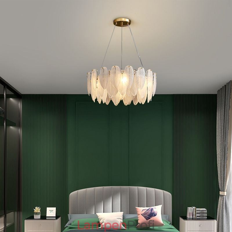 Künstlerischer Glas-Kronleuchter, runde Pendelleuchte mit Federn