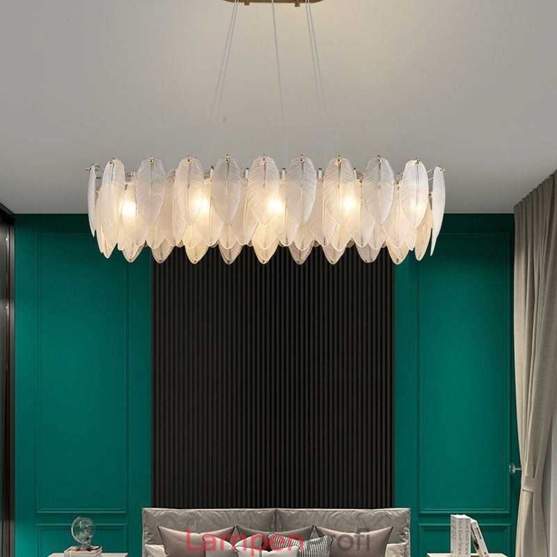 Künstlerischer Glas-Kronleuchter mit Federn, runde Pendelleuchte