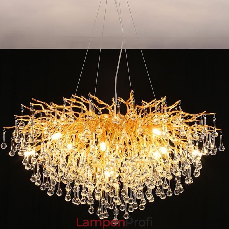 Nordischer Kristall-Kronleuchter mit Blumenmuster, runder Schirm, Luxus-Gold-Pendelleuchte