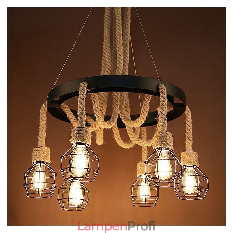 Retro-Stil 6 Köpfe Pendelleuchte Hanfseil Kronleuchter mit Eisen Lampenschirm