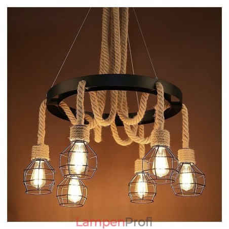 Retro-Stil 6 Köpfe Pendelleuchte Hanfseil Kronleuchter mit Eisen Lampenschirm Retro-Stil 6 Köpfe Pendelleuchte Hanfseil Kronleuchter mit Eisen Lampenschirm