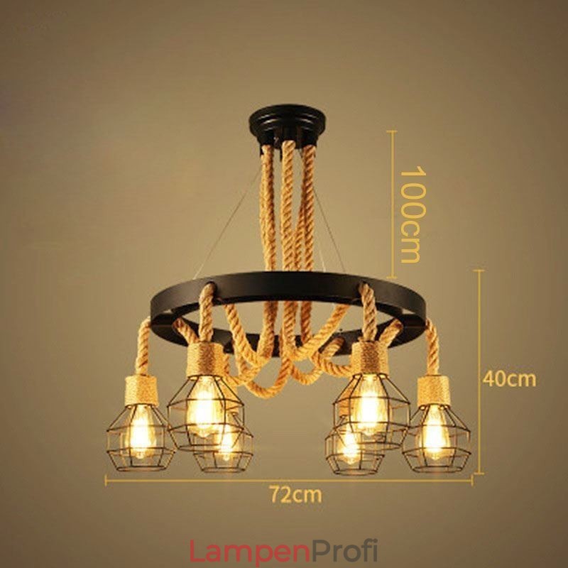 Retro-Stil 6 Köpfe Pendelleuchte Hanfseil Kronleuchter mit Eisen Lampenschirm