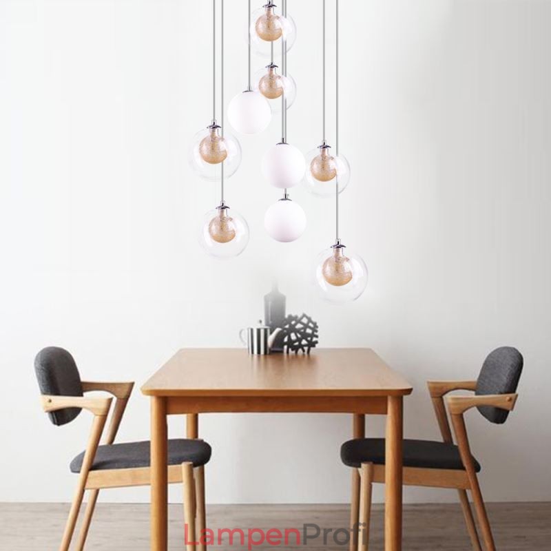 Pendelleuchte Glas Cluster Deckenleuchte Gold Nickel Gebürstet+Milchglaskugel