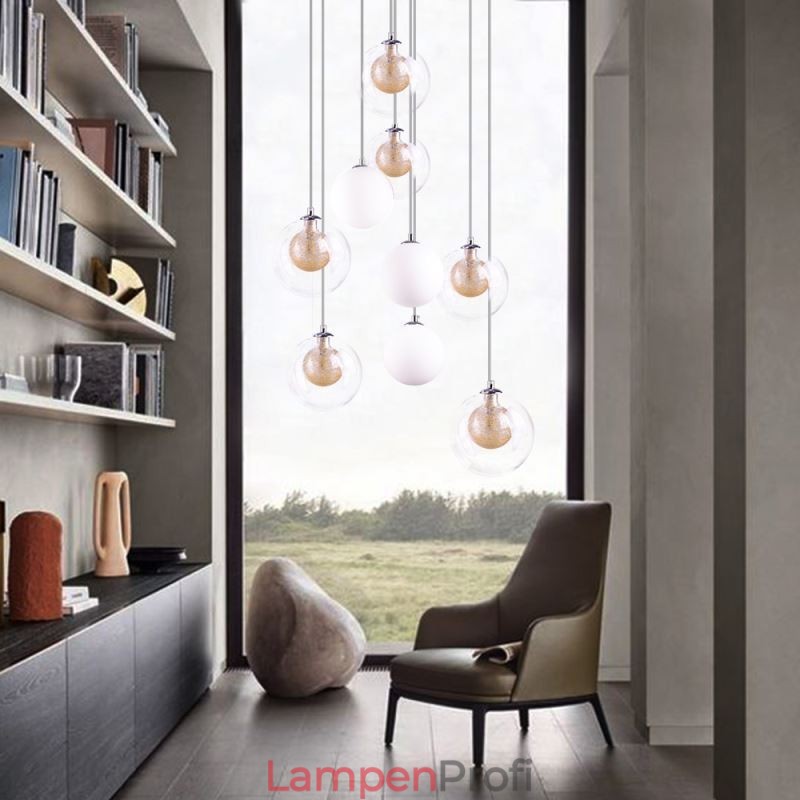 Pendelleuchte Glas Cluster Deckenleuchte Gold Nickel Gebürstet+Milchglaskugel