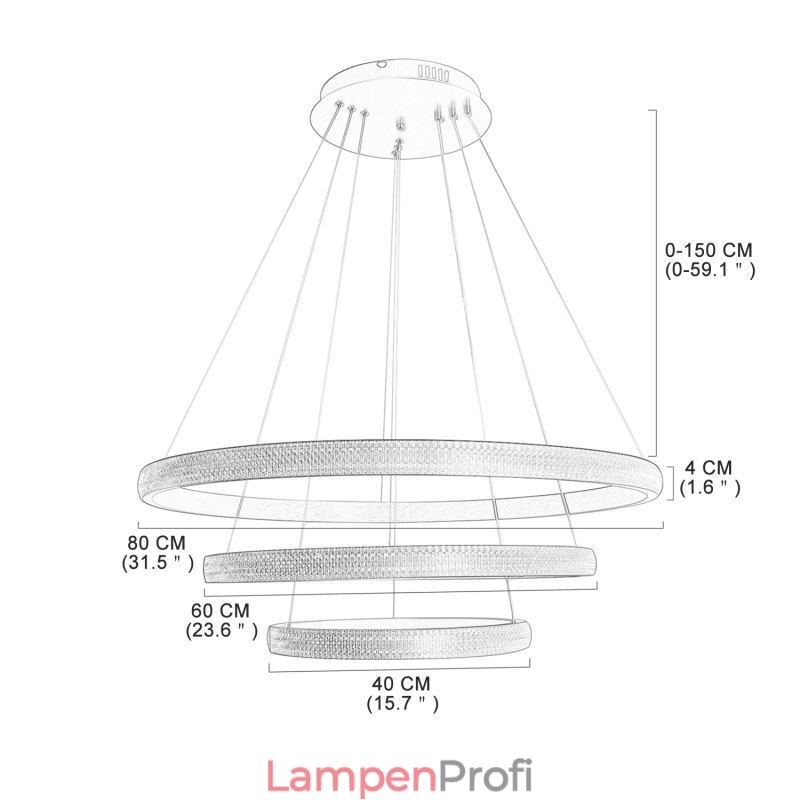 Moderne Pendelleuchte Acryl 3 Ringe Lampe 80+60+40cm