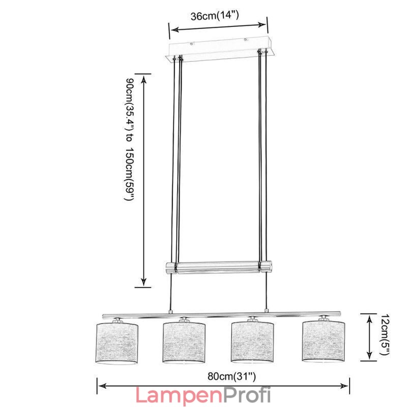 Moderne 4-flammige Pendelleuchte mit Stoffschirm, höhenverstellbar