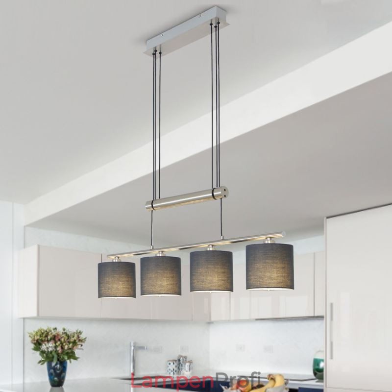 Moderne 4-flammige Pendelleuchte mit Stoffschirm, höhenverstellbar
