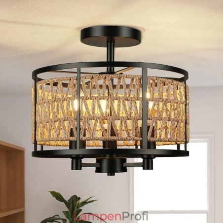 Retro Deckenleuchte Schwarz Eisen Papier Seil Deckenlampe 3 Lichter Retro Deckenleuchte Schwarz Eisen Papier Seil Deckenlampe 3 Lichter