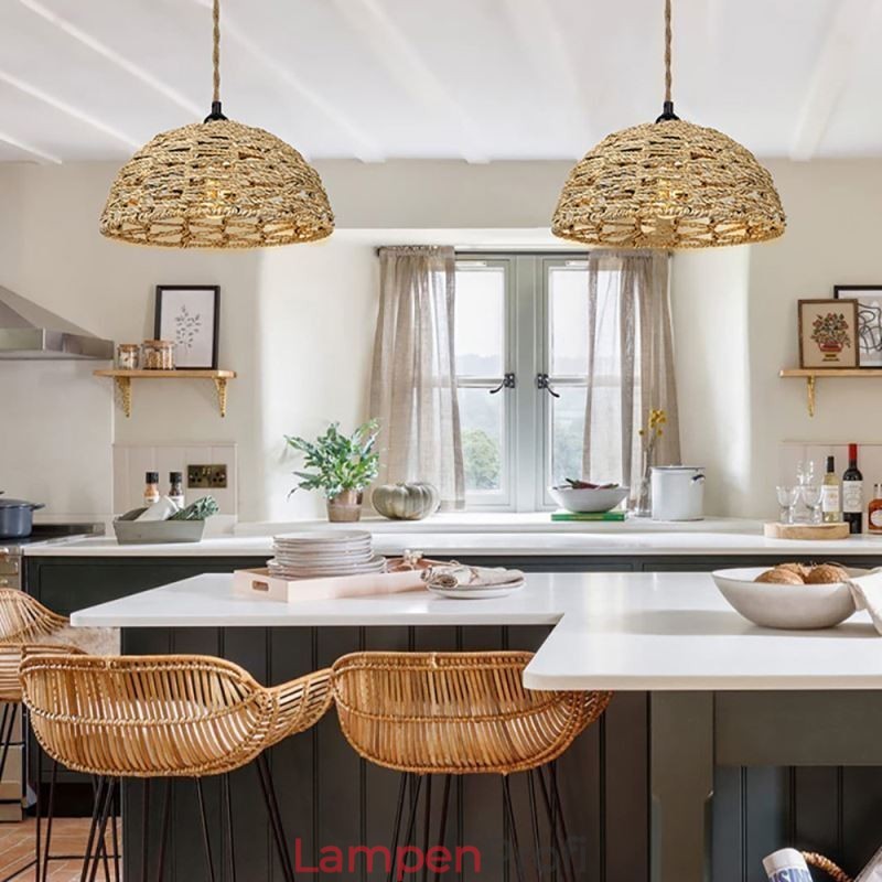 Pendelleuchte im Landhausstil, handgewebter Lampenschirm aus Papierseil, 30 cm