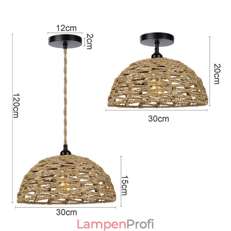 Pendelleuchte im Landhausstil, handgewebter Lampenschirm aus Papierseil, 30 cm