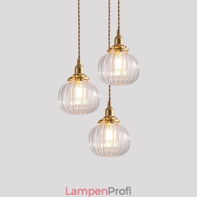 Glas Pendelleuchte Klar Rund Gerippt Kürbisform Lampe 1 Licht