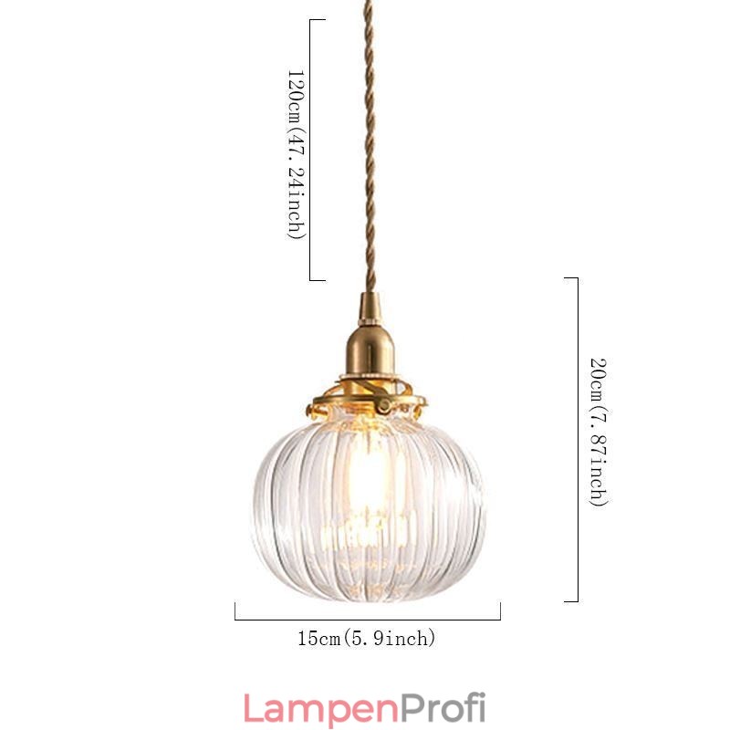 Glas Pendelleuchte Klar Rund Gerippt Kürbisform Lampe 1 Licht