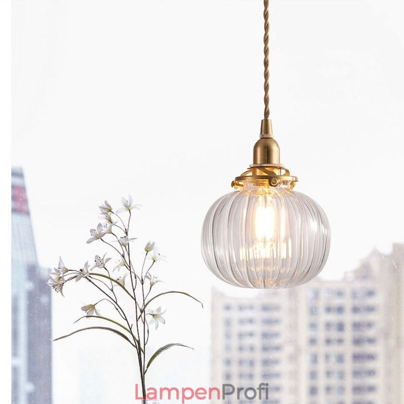 Glas Pendelleuchte Klar Rund Gerippt Kürbisform Lampe 1 Licht