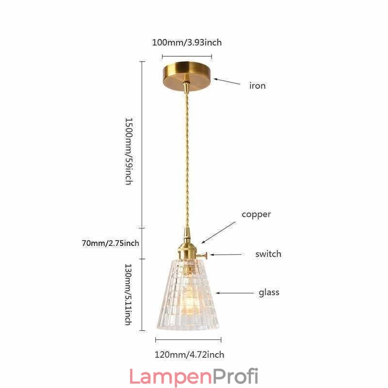 Quadratische klare gerippte Glas Pendelleuchte Messing Lampe mit Drehschalter Beleuchtung