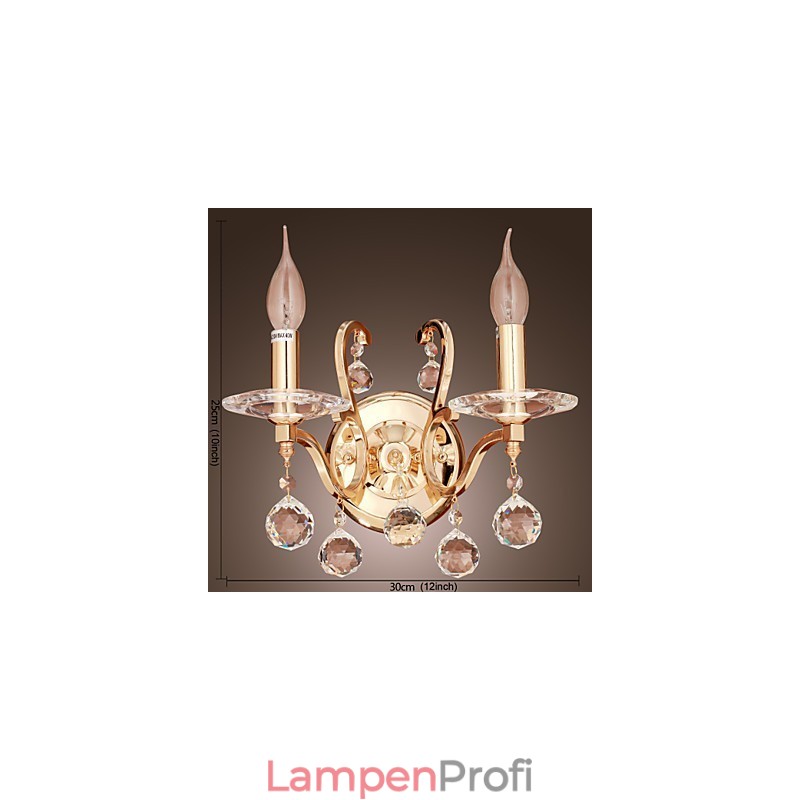 Goldene Kristall-Wandleuchte mit 2 Lichtern