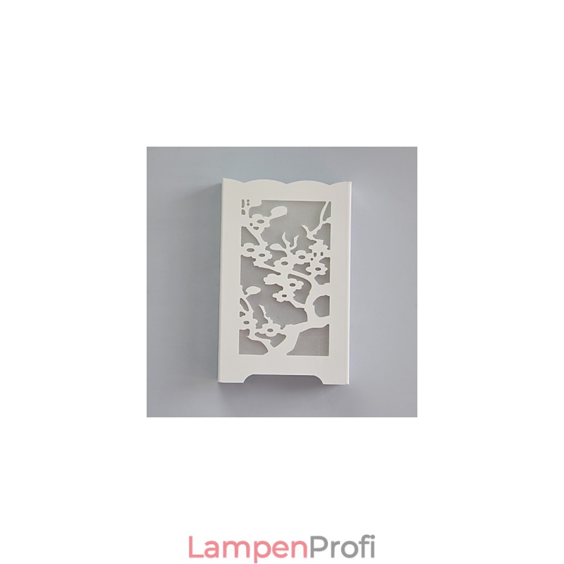 Weiße Pflaumenblüten-Wandleuchte mit geschnitzten Mustern oder Designs auf Holzleuchten