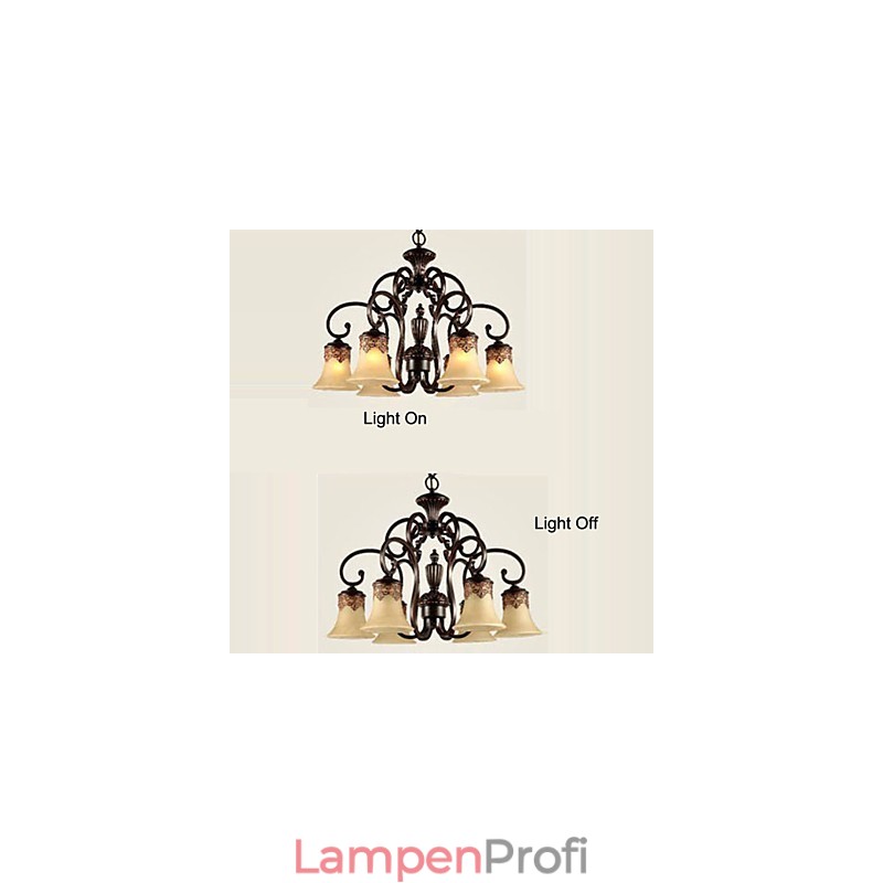 Kronleuchter Pendelleuchte 6 Lichter Lampenschirm Unten Vintage Country Metall + Glas