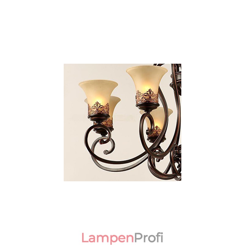 Kronleuchter Pendelleuchte 6 Lichter Lampenschirm Unten Vintage Country Metall + Glas