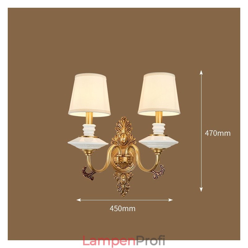 100 % reines Messing, luxuriöse rustikale Retro-Vintage-Keramik-Wandleuchte mit 2 Kerzenlichtern und Stoffschirmen, speziell für Hotels, Büros, Ausstellungsräume, Wohnzimmer und Esszimmer