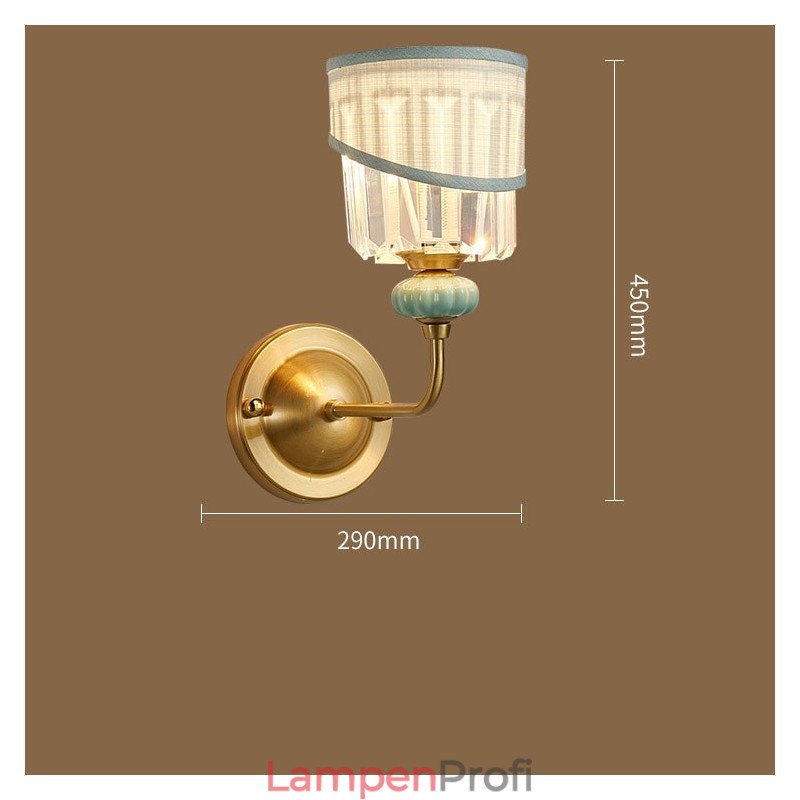 Reines Messing, luxuriöse rustikale Retro-Vintage-Keramik-Kerzen-Wandleuchte mit 1 Licht, Stoff- und Kristallschirm, speziell für Hotel, Büro, Ausstellungsraum, Wohnzimmer, Esszimmer