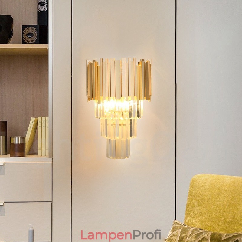 Goldfarbene, passende postmoderne Luxus-Wandleuchte aus K9-Kristall mit Kristallschirm