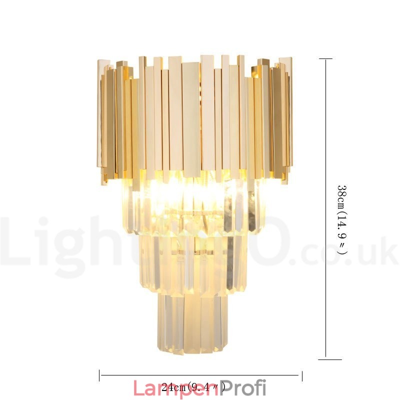 Goldfarbene, passende postmoderne Luxus-Wandleuchte aus K9-Kristall mit Kristallschirm