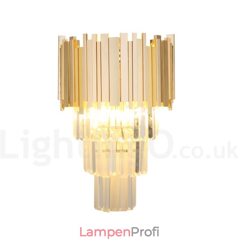 Goldfarbene, passende postmoderne Luxus-Wandleuchte aus K9-Kristall mit Kristallschirm