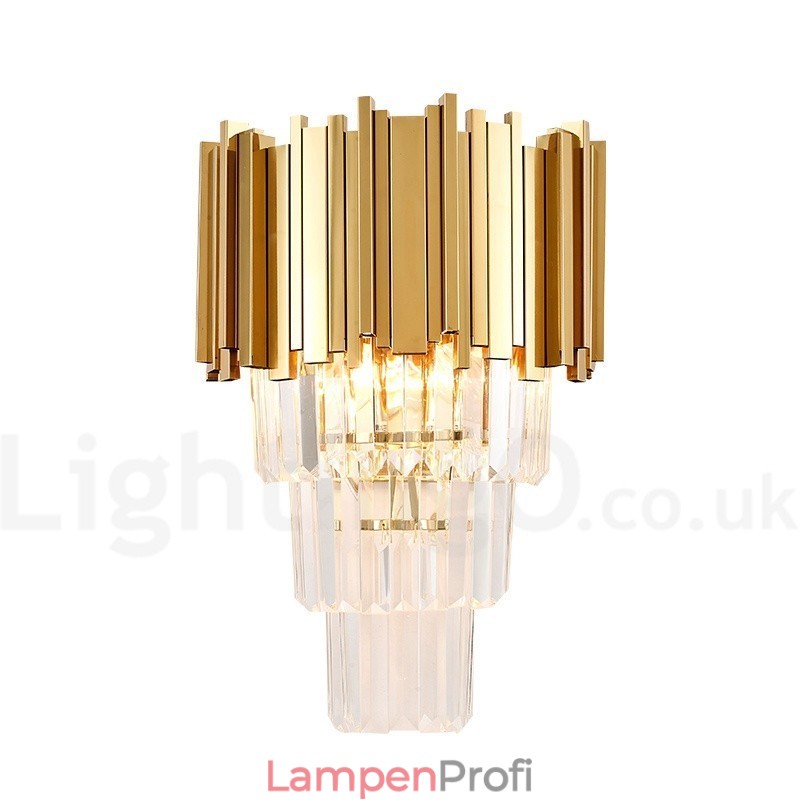 Goldfarbene, passende postmoderne Luxus-Wandleuchte aus K9-Kristall mit Kristallschirm