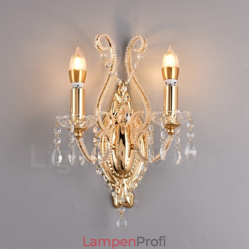 Wandleuchte mit 2 Lichtern, Gold/Schwarz, im amerikanischen Stil, Kristall, für Wohnzimmer, Esszimmer, Bekleidungsgeschäft, Café, Hotel