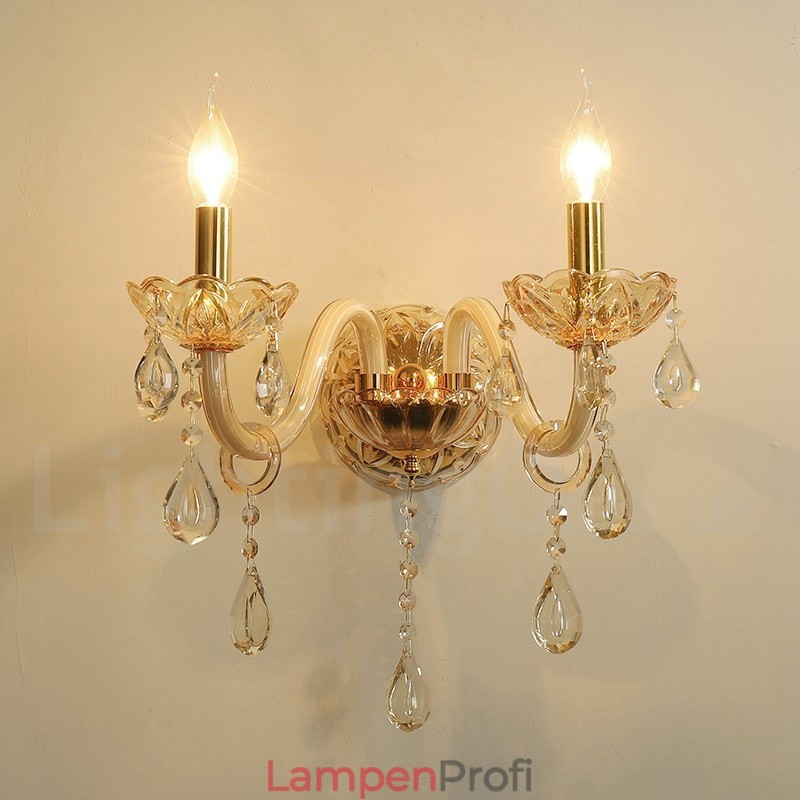 2-flammige goldene K9-Kristallkerzen-Wandleuchte im Retro-Stil aus Glas