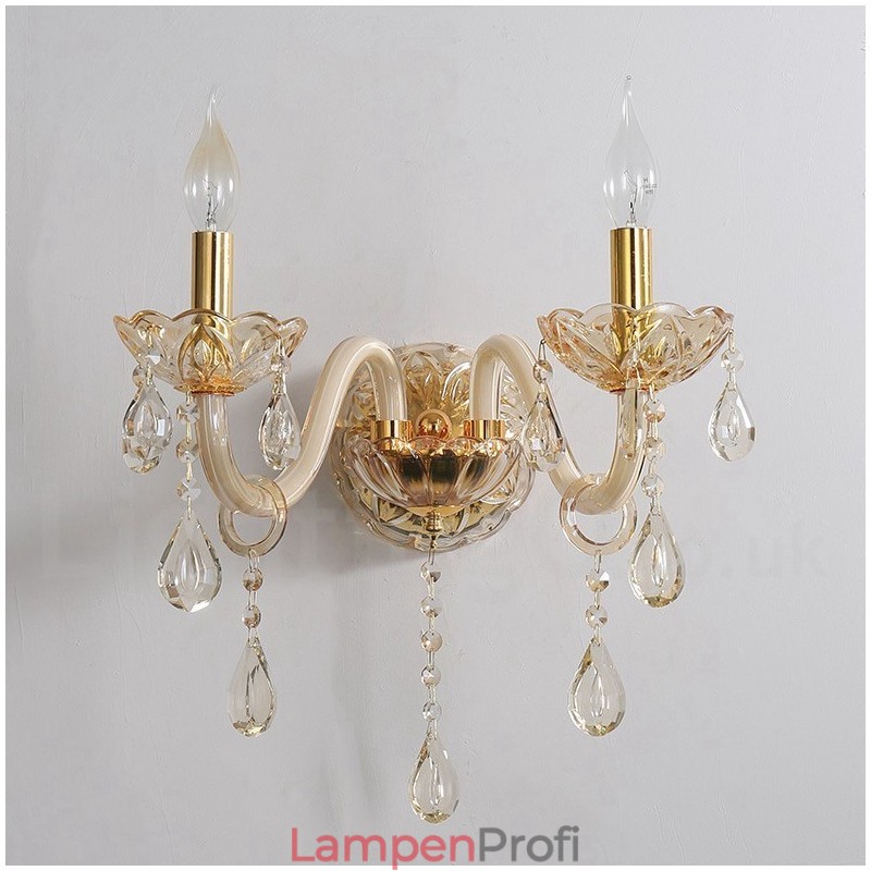 2-flammige goldene K9-Kristallkerzen-Wandleuchte im Retro-Stil aus Glas