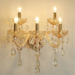 5-flammige goldene K9-Kristallkerzen-Wandleuchte im Retro-Stil aus Glas