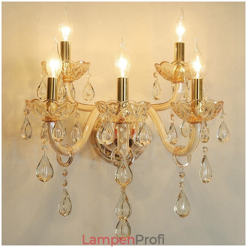 5-flammige goldene K9-Kristallkerzen-Wandleuchte im Retro-Stil aus Glas