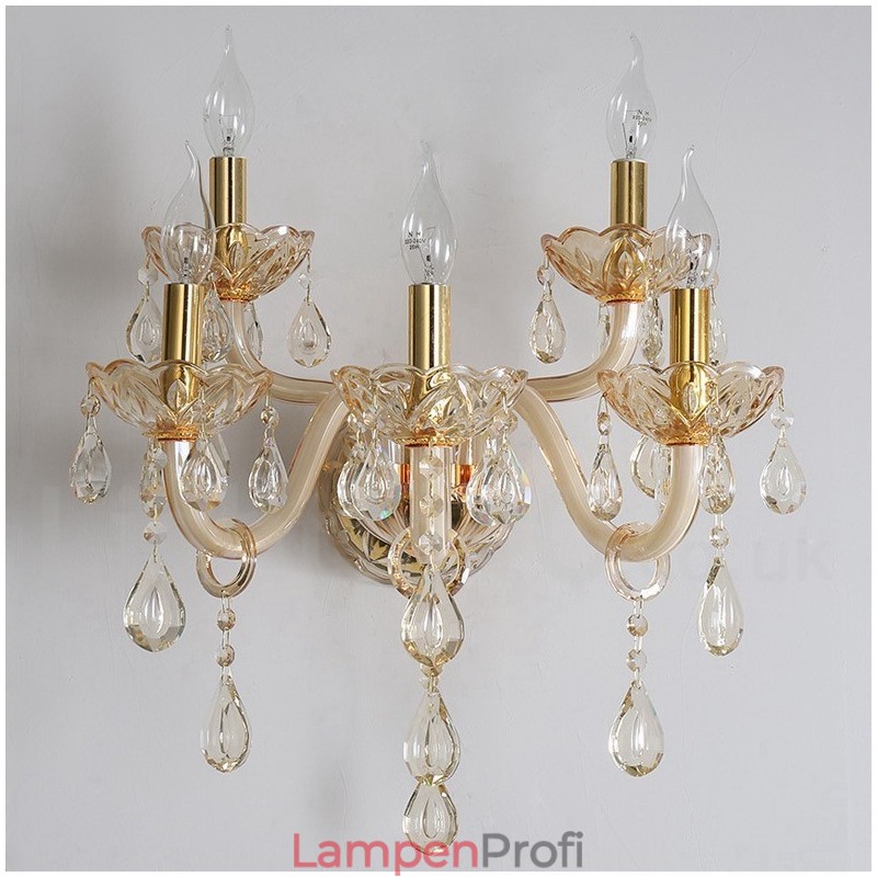 5-flammige goldene K9-Kristallkerzen-Wandleuchte im Retro-Stil aus Glas