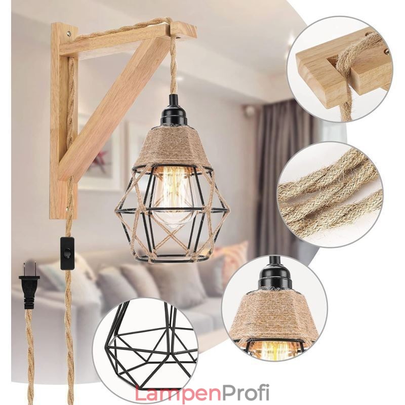 Hanfseil Eisen Kunst Wandleuchte American Pastoral Retro Wandleuchte mit Stecker