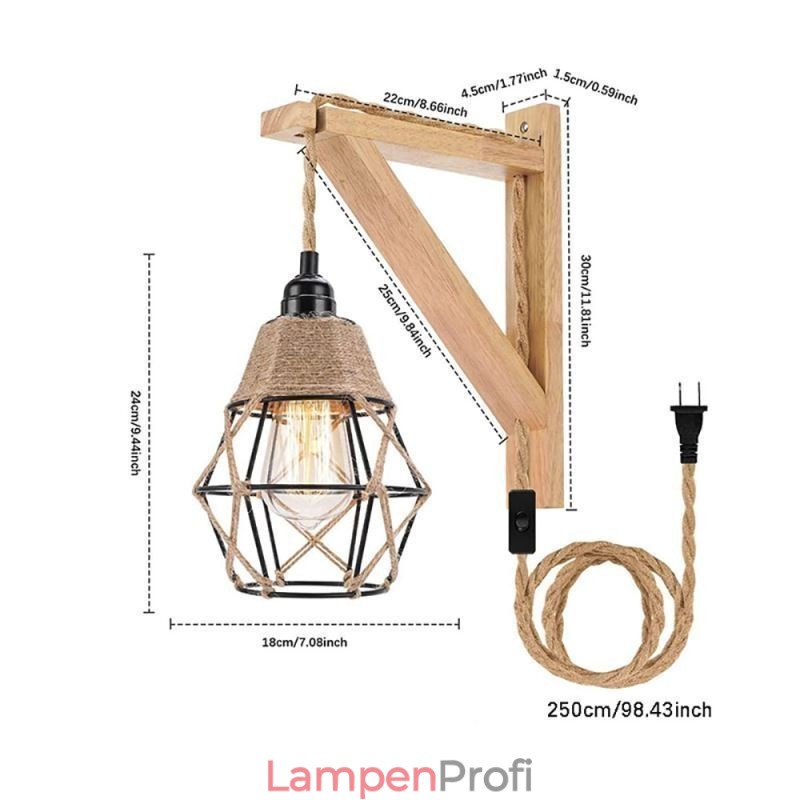 Hanfseil Eisen Kunst Wandleuchte American Pastoral Retro Wandleuchte mit Stecker