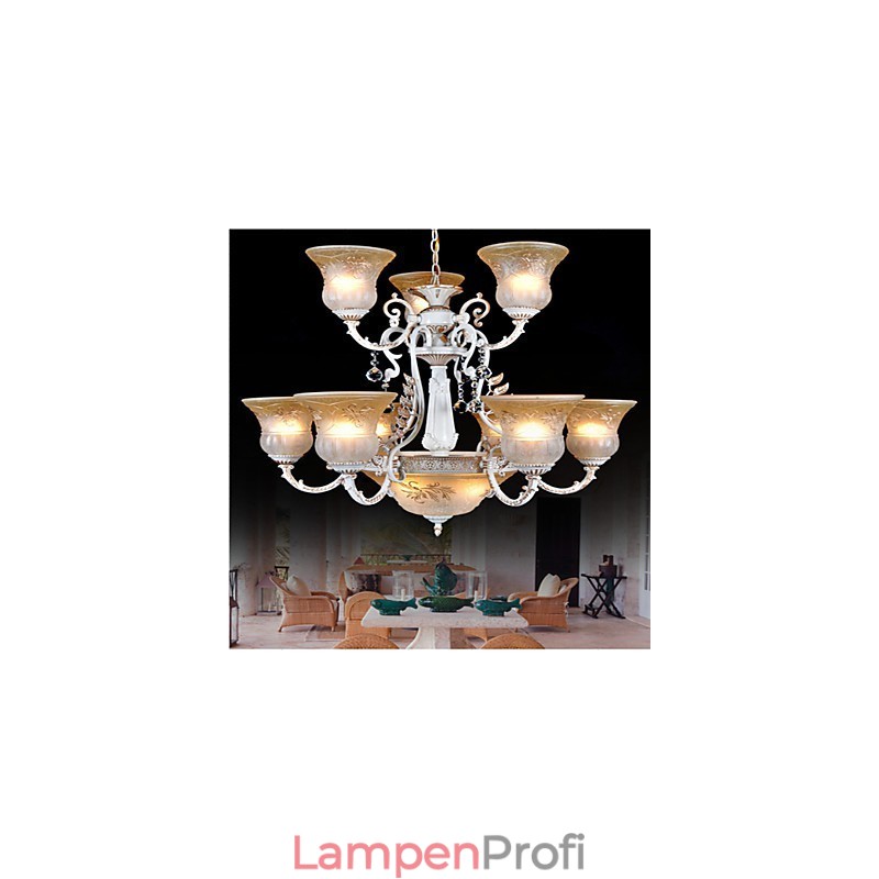 Weiß Kronleuchter Zwölf Lichter Muster Glas Schatten Hand Vergoldet Europäischen Retro